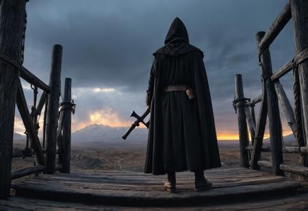 realistic, extremely high quality RAW photograph, intricate, Exquisite details and textures, highly detailed, ultra detailed photograph, 4k, high resolution, detailed skin, fantasy or historical scene. In it, there is a large wooden structure that resembles a gallows with a platform and steps leading to it. On the platform lies a person, possibly restrained, next to what appears to be a standing executioner. The executioner holds an ax and wears a hooded cloak that hides his facial features. Two torches are fixed to the structure, both lit and shedding light on the scene. The background shows a dramatic sky with shades of orange, red and yellow, suggesting a sunrise or sunset. In the distance, there are barren trees and mountains that contribute to the ominous atmosphere of the artwork.