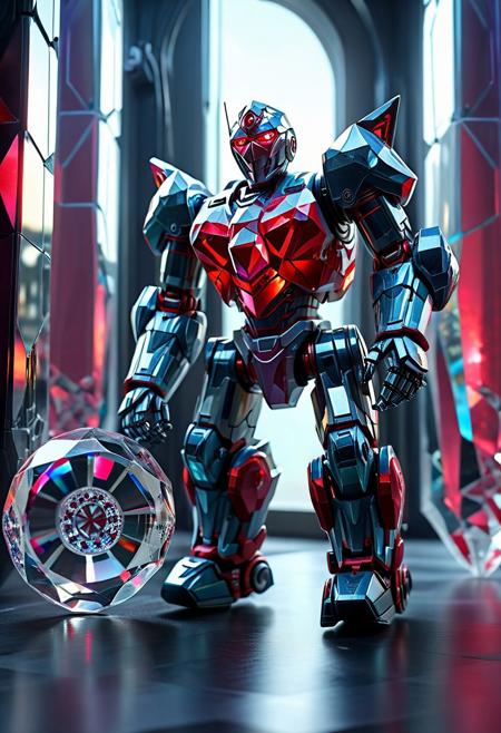 Ultrarealistic. sharp focus, dynamic lighting. play of light, reflection, refraction, Raytracing, Ultra detailed. crystalized. A giant robot made of rp_slgd riding a tiny bicycle.