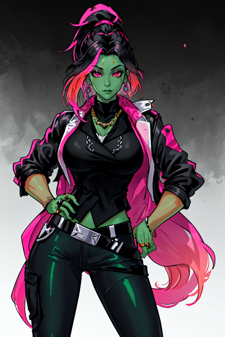 Gamora, 1girl, solo, long hair, looking at viewer, shirt, black hair, white background, jewelry, jacket, ponytail, pink hair, multicolored hair, earrings, belt, pants, vest, black jacket, hand on hip, gradient hair, colored skin, black pants, ring, green skin, <lora:Gamora:0.7>