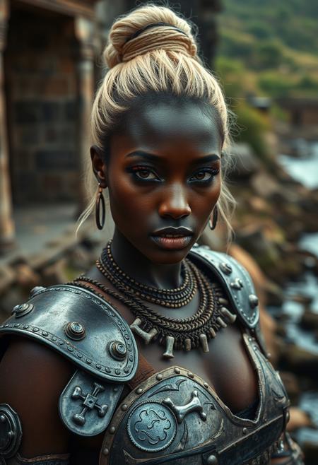 Stable_Yogis_PDXL_Positives  
Photo shoot, of a sexy beautiful  african female warrior,  Glitter cut crease with bold lips makeup style , bun hairstyle , Light blonde hair_color , bones ear climbers ,  wearing iron armour,  ancient ruins on the edge of a river , shot with Canon PowerShot G7 X Mark III Compact camera,  light_particles, cinematic, dynamic_angle, depth_of_field, bokeh, HDR, 8K, RAW, best_quality, top_quality, hyperrealistic, photorealistic, ultra_detail, ultra_realistic, masterpiece, hi-res, absurd_res, high_quality_photography, source_photo, highly_detailed, very_aesthetic, beautiful, realistic, real_life.