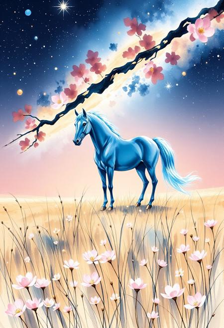 "A dreamlike meadow under a celestial sky, where overexposed stars melt into soft, ethereal glows—like smudged chalk on indigo paper. Below, a windswept field of wildflowers sways in muted pastels: blush pinks, dusty lavenders, and wheat golds, their petals lifted in a gentle wind as translucent as tissue paper. At the center, a translucent blue horse stands poised, its form glowing with a quiet cerulean halo, mane trailing into delicate stardust. The air hums with subtle gradients—sky meeting earth in layered washes of watercolor, while faint streaks of silver suggest distant comets. Keep Flux’s fluidity but mute the chaos: focus on whispered surrealism, where motion blurs into serenity and light feels like a held breath."  
This prompt combines Ando's signature materials (concrete, geometric rigor) with the fleeting elegance of sakura, balancing structure and organic flow.
Paint a serene yet dynamic watercolor scene in the Flux art style,
<lora:FLUX-daubrez-DB4RZ-v2:0.35> DB4RZ, DB4RZ style painting <lora:illustration004:0.8> illustration004 chaotic expressive line-art scribbled and erratic strokes monochromatic black ink <lora:Scribble Portrait Drawing:0.35> Drawing <lora:aidmaMJ6.1_v0.5_3:0.35> aidmamj6.1, aidmamj6, mystcorbCE_style