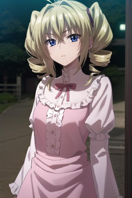 ravelphenex, <lora:ravel phenex anime s1-lora-nochekaiser:1>,
ravel phenex, blue eyes, blonde hair, twintails, drill hair, antenna hair,
BREAK dress, bow, pink dress, puffy sleeves, long sleeves, frills,
BREAK indoors, classroom,
BREAK looking at viewer, (cowboy shot:1.5),
BREAK <lyco:GoodHands-beta2:1>, (masterpiece:1.2), best quality, high resolution, unity 8k wallpaper, (illustration:0.8), (beautiful detailed eyes:1.6), extremely detailed face, perfect lighting, extremely detailed CG, (perfect hands, perfect anatomy),