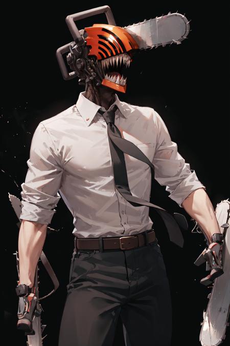 (masterpiece, best quality:1.2), <lora:csm_denji-10:1>, cowboy shot, solo, male focus, 1boy, chainsaw man, chainsaw, sharp teeth, open mouth, tongue, collared shirt, black necktie, sleeves rolled up, black pants, belt