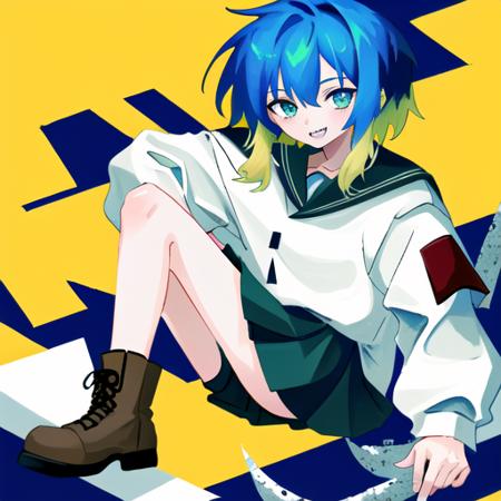 masterpiece,1boy,bangs, black skirt, boots, brown footwear,green eyes, long sleeves, medium hair,white  shirt, skirt, smile, (two-tone hair:1.3),  (white shirt:1.5),medium short hair with medium long locks,sharp teeth, (white serafuku:1.4), (dark blue sailor collar:1.3), (blue hair:1.2) and blonde hair,blonde tips,sidelocks,sts boy,solo