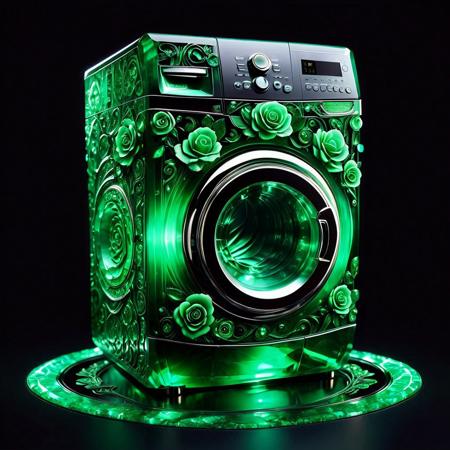 3/4 view photo of washing machine, dark room, black background, made out of emerald, skull on the door, rose carving on the front, intricate rose carvings on the sides of the machine, white neon strip lights on the bottom of the washing machine,  volumetric, rim lighting, 32k UHD, highest resolution, highest quality, rich shadows, epic, mesmerising, intricately detailed, 25% reflective floor, emeraldmorph