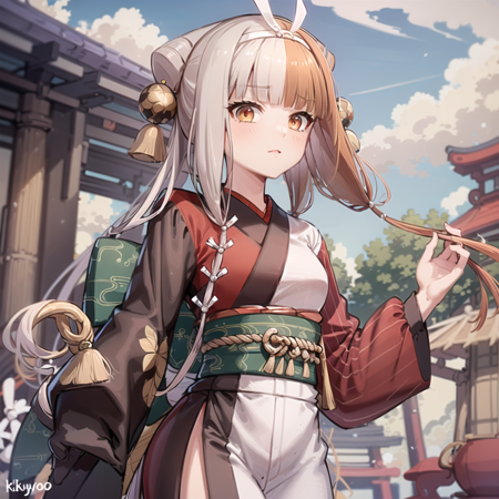 Izumo a very stylized asian girl dressed as a geisha standing in an outdoor area, split-color hair, 1girl, solo, multicolored hair, japanese clothes, two-tone hair, brown hair, long hair, Izumo,