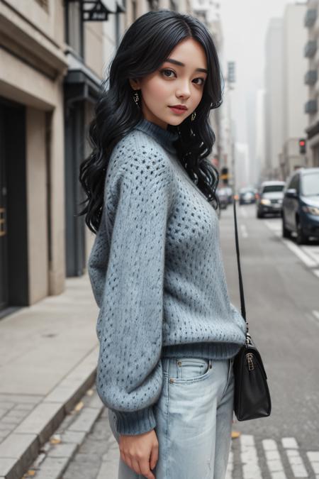 xyzabcsweater23, 1girl, light blue sweater, blue jeans, black long hairs, winter street background,<lora:xyzabcsweater23-10:.8>