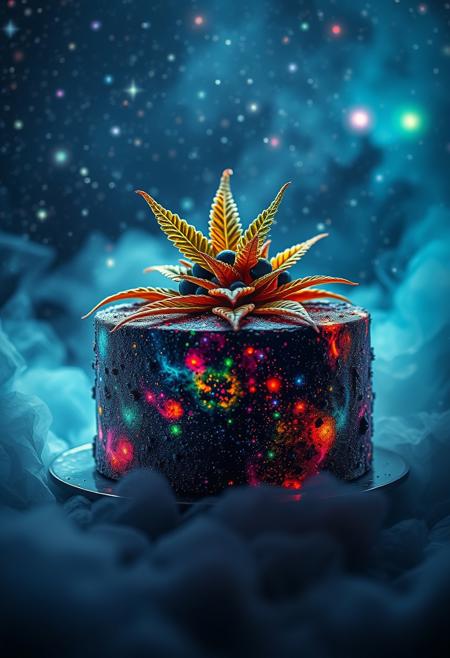 a space cake ,hypnotic,yummy,fumes majiuana leave fumes floating up galaxy starlight background