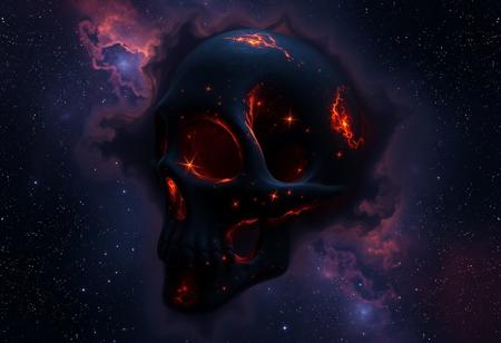 photorealistic dark skull-shaped cosmic nebula with hues of black, orange, blue, and purple, and 6 diffraction lines on stars