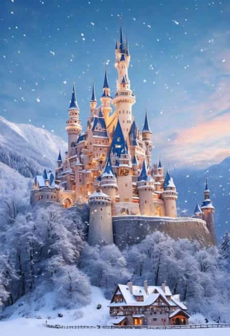 Highly detailed photo of a fantastic castle in the snow, happy mood of christmas and holy night spreads all over the galaxy, greatful, thankful, peaceful, in the mood of christmas, 4k