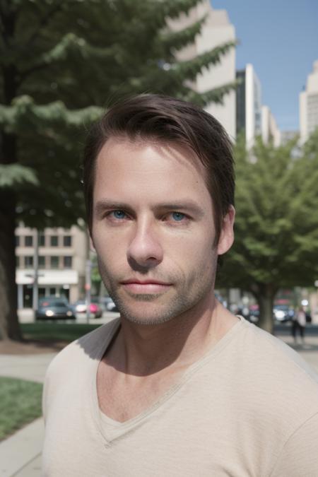 portrait of a handsome man, gp13rc3, stunning eyes, looking at viewer, upper body, downtown at the park