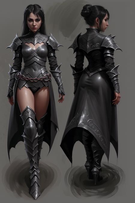 character sheet concept art of a dark knight grey background
(zrpgstyle) (masterpiece:1.2) (illustration:1.1) (best quality:1.2) (detailed) (intricate) (8k) (HDR) (wallpaper) (cinematic lighting) (sharp focus) <lora:AZovyaRPGArtistToolsLORAV2art:0.8>