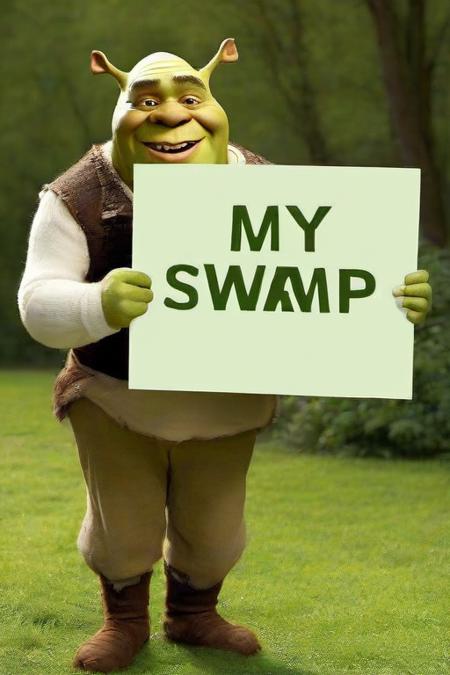 <lora:PE_HoldingSign:0.8> PEHoldingSign,
Shrek holding a sign that says My Swamp