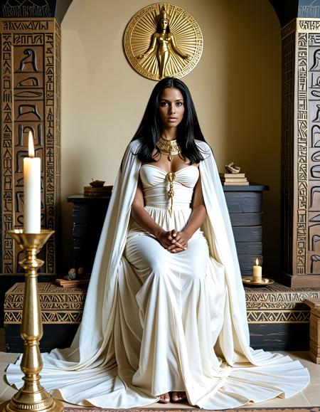 analogue photo of Rebecca Raven beautiful woman with dark hair and (dark skin), <lora:Rebecca_Raven_SDXL_V3:0.6>,, An elder priestess seated on a sycamore-wood throne recites verses from a gold-inked papyrus scroll, her long cloak trailing down temple steps carved with Nile deities, a young acolyte lighting oil lamps behind her., wlae86, <lora:sdxl_Egyptian_WalkLikeOne:1.0> clear focus, high resolution image,  ,Ancient, egypt, mystical and epic feel,,photo Fantasy art combining the styles of Boris Vellejo and Luis Royo,Photorealistic, real photo, god rays, 1girl, 21yo,realistic, ,Sexy pose, erotic pose, exhibitionism,