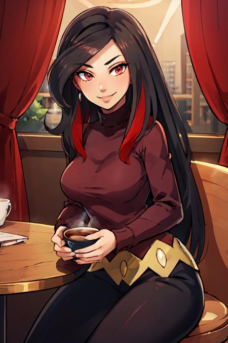 zzLucy, red eyes, long hair, multicolored hair, black hair, red hair, bangs, zzLucy, red eyes, long hair, multicolored hair, black hair, red hair, bangs, purple crop top, pruple elbow gloves, midriff, black pants,