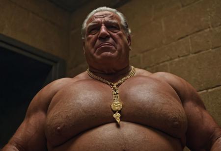 (photo, realistic, raw), (nighttime, at night, dark, dark hard shadows, cinematic atmosphere, movie grain, hazey atmosphere), closeup from below, (brute, etherial, spiritual, emperor, king, god), old burly buff gentleman, old manly mature man, combed back hair,  doublechin, old tanned grandpa, wrinkly neck, proud big chest, thick neck, armpits, tanned skin, tight golden spandex, gold jewellery, gold necklace, in a dark locker room at night, nighttime, arrogant disgusted disappointed smile, intimite situation, romantic atmosphere, stern, serious, angry, sad expression, belly and pecs from below
