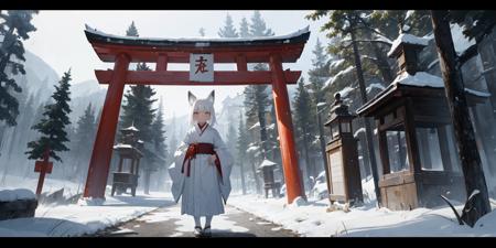 (1girl, solo, standing, foxgirl, white hair, fox ears, arms at sides, orange eyes, white kimono, blush, smile),