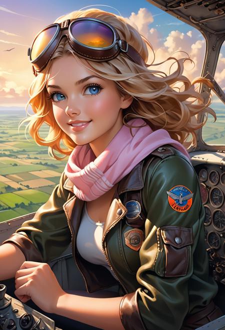 dynamic and detailed image of a beautiful young woman pilot, 20 years old, flying an old, vintage airplane. Her face is radiant and focused, with smooth, fair skin, high cheekbones, and bright, determined blue eyes that shine with confidence and excitement. Her wavy blonde hair is mostly tucked under a classic aviator helmet, but a few strands escape and flutter in the wind. Her lips are slightly parted in concentration, revealing a hint of a smile.She has an athletic, slender build, dressed in a snug leather flight jacket that accentuates her figure, along with a white scarf that trails behind her in the wind. Her hands are gloved, firmly gripping the controls of the plane, showcasing her strength and skill.The background is a breathtaking aerial view of the world below, with vast, rolling green fields and winding rivers bathed in the golden light of the setting sun. The sky is a vivid mix of oranges, pinks, and purples, with a few clouds scattered across the horizon. The old plane’s open cockpit and worn metal surfaces are visible, giving a sense of history and adventure. The overall scene captures the thrill and freedom of flight, with the young pilot as the embodiment of courage and grace in the sky.