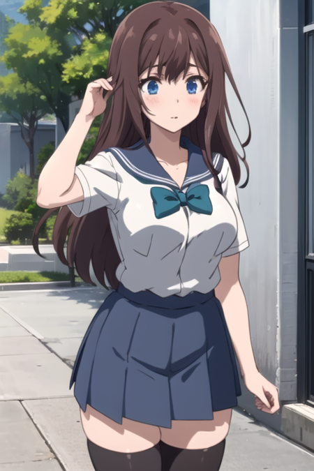 NatsukoHonda, 1girl, solo, long hair, blue eyes, pleated skirt, large breasts, brown hair, shirt, black thighhighs, bow, school uniform, short sleeves, serafuku, blue skirt, 