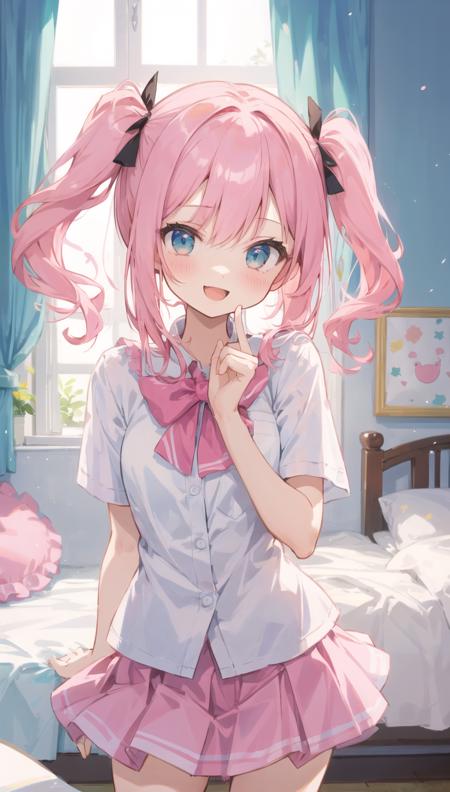 beautiful illustration, best quality, cute girl, bedroom, pink hair, happy, miniskirt, white blouse, two side up