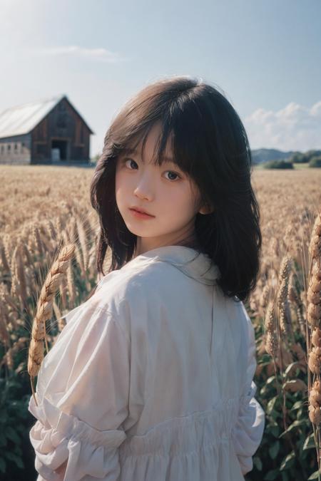 1girl, standing in a rustic farm setting. She has a soft, gentle smile and expressive eyes. The background features a charming barn, (fields of golden wheat), and a clear blue sky. The composition should be bathed in the warm, golden hour light, with a gentle depth of field and soft bokeh to accentuate the pastoral serenity. Capture the image as if it were taken on an old-school 35mm film for added charm,
filmg, <lora:FilmG4:0.7>,
((akinanakamori)), <lora:akinanakamori:0.8>