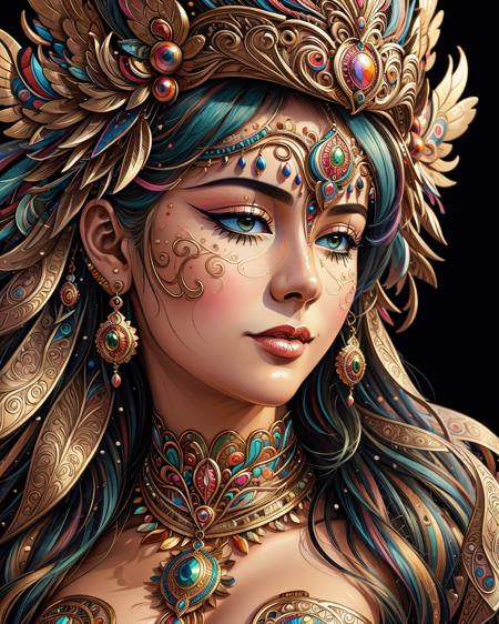 a close up of a colorful mask on a black background, digital art, by Marie Bashkirtseff, extremely detailed goddess shot, carnival on the background, detailed faces, colorful adornments, detailed digital 3d art, detailed face of a woman, colorful, symetrical detailed faces, colorful picture <lora:ral-colorswirl-sd15:1> ral-colorswirl