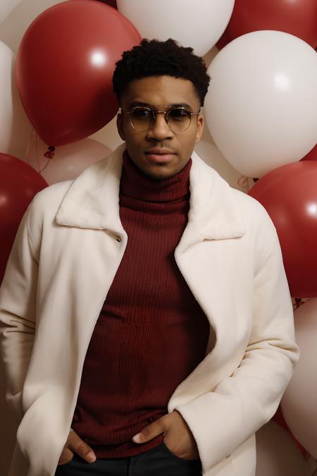 GiannisAntetokounmpo, fashion portrait photo of handsome man from the 60s wearing a (red turtleneck) and glasses standing in the middle of a ton of white balloons, taken on a hasselblad medium format camera
 <lora:GiannisAntetokounmpoLora:1>