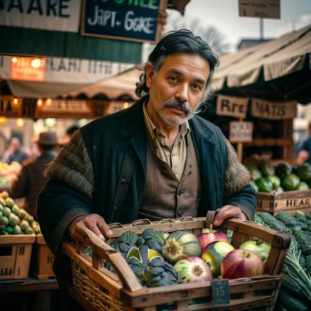 (vendor (grocer):1.3) <lora:RPGVendorGrocer:1> 1boy, black hair, solo, holding, male focus, food, indoors, blurry, fruit, depth of field, blurry background, facial hair, knife, beard, realistic:1.3, mustache, apple, basket, vegetable, holding basket, onion,  (professional lighting:1.2)