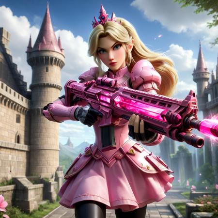 a realistic action shot  of princess Peach from Super Mario, wielding an pink magical assault rifle, aiming at camera, castle in background, HD, masterpiece, best quality, hyper detailed, ultra detailed,