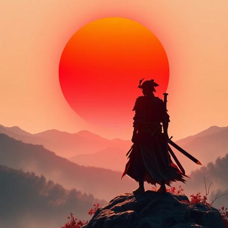 a samurai is standing on a mountain, the sun is red, super focus on male, the samurai is holding a sword in the right hand, , superrealistic
