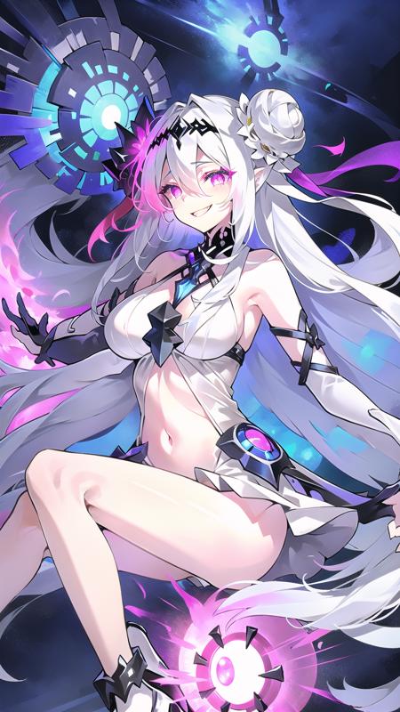 1girl, solo, white hair, abyssal ship, long hair, high heels, flower, breasts, navel, glowing, blue fire, detached sleeves, abyssal ship, hair ornament, pink eyes, pale skin, hair bun, glowing eye, dress, white dress, smile, white skin,  <lora:EmpressIIIV1-000008:0.7>, EmpressIII, sitting,