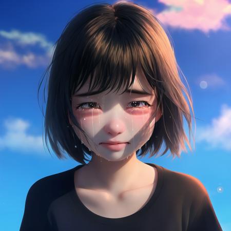 shenxiu, 1girl, solo, realistic, short hair, black hair, tears, blurry, blush, looking at viewer, portrait, sky, blurry background, brown eyes, lips, closed mouth, shirt, crying, sad, blue sky, 16K, HD,3d, high quality, <lora:deep sea:0.7>