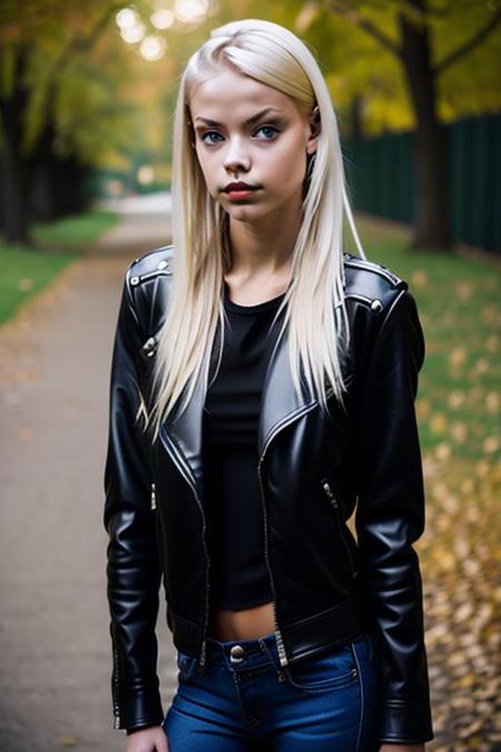 eighteen year old girl wearing a black leather jacket and black zip up sweater, realistic, analog photo, masterpiece, trending on artstation,