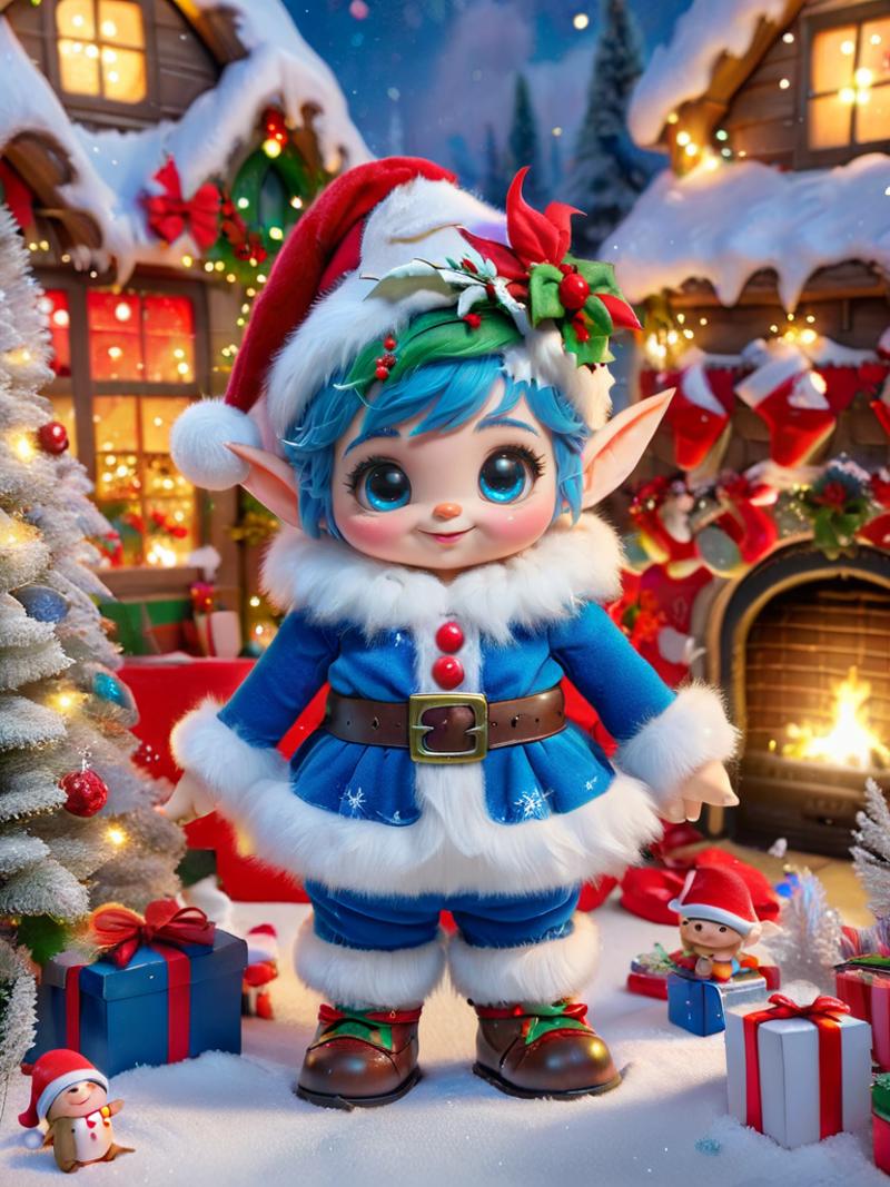 Blue Elf Doll in a Christmas Scene with Snow, Gifts, and Christmas Trees