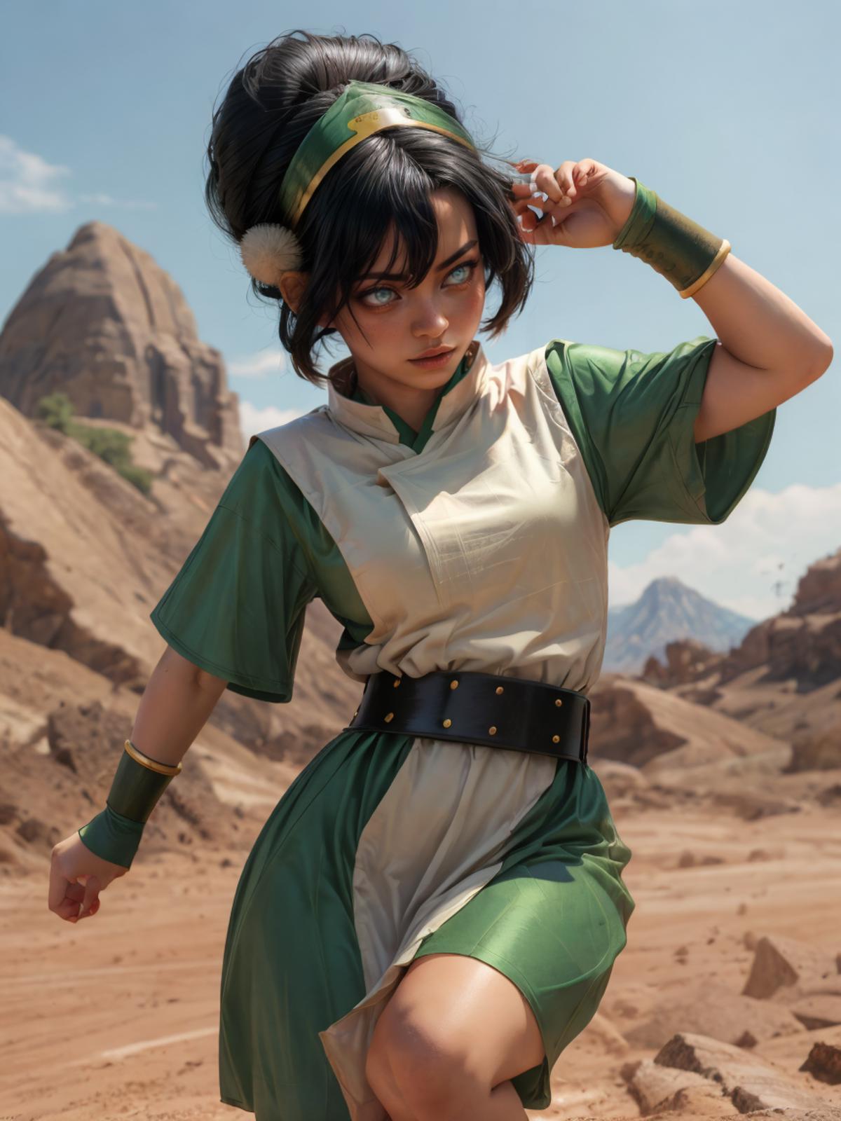 An anime-styled girl with a green dress, standing on a rocky landscape.