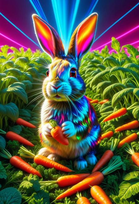 CD Repeat, Masterpiece, best quality, amazing quality, absurd, latest, volumetric lighting, UHD, SFW, vibrant colors, neon, vivid colors, rabbit made of cd's, harvesting magical carrots in the summer heat, exquisite detail, digital art, realistic, highly detail, beautiful, surreal, dramatic, No_Humans,