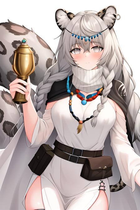 masterpiece, best quality, highres, solo, {pramanix_arknights:1.10}, long_hair, animal_ears, braid, leopard_ears, animal_ear_fluff, grey_eyes, twin_braids, bangs, jewelry, tail, white_hair, necklace, leopard_tail, grey_hair, very_long_hair, bell, holding, belt, breasts, hair_between_eyes, 1girl, dress, looking_at_viewer, white_dress, cape, closed_mouth, cowboy_shot, white_background, pouch, simple_background