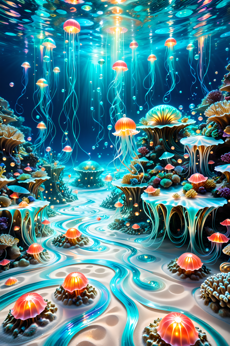 A surreal underwater realm where coral castles drip with glowing pearlescent syrup,jellyfish float like silk lanterns above a pearly sand floor,and luminous mermaids paint ocean currents with swirling trails of light and flowing pigments,magical realism,photoreal style,intricate lighting made of l1qu1dp34rl,pearlescent,flowing through bioluminescent coral reefs,iridescent bubbles rising in turquoise water,hyper-realistic translucency,pearlescent,
Masterpiece,best quality,hi res,8k,hi res,8k,award winning,(sharp focus, intricate, highly detailed),<lora:SDXLFaeTastic2400:0.4>,<lora:liquidpearlXL_r1:1>,<lora:TrendCraft_The_Peoples_Style_Detailer-v2.1A-3_12_2025-SDXL:0.8>