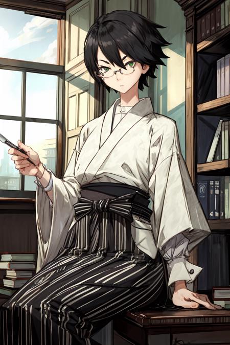 (masterpiece:1.2), ultra detailed,<lora:ItoshikiNozomu:0.8>, Itoshiki, glasses, green eyes, kimono, hakama,  school library, bookshelves, books, table, books on the table, chair, sitting, very shy ,best quality, <lora:Adddetail:0.7>