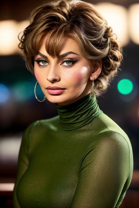 photo of (s0ph1al0ren), a woman, closeup portrait upsweep updo, (green tight long sleeve turtleneck top), at a cantina sitting bar (masterpiece:1.5) (photorealistic:1.1) (bokeh) (best quality) (detailed skin texture pores hairs:1.1) (intricate) (8k) (HDR) (wallpaper) (cinematic lighting) (sharp focus), (eyeliner), (painted lips:1.2), (earrings)