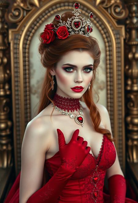 a gorgeous 30 years old caucasian woman, very pale skin, very long red hair in updo with curls hanging down and royal tiara with red jewel fake roses, long black eyelashes, black mascara, black eyeliner, big amber eyes, red sparkling smokey eyes eyeshadow, luscious sensual red glossy lips, rouge, sexy elegant curves, red elegant royal choker with hearts and roses jewelry, long red royal gloves with heart roses embroidery, long red royal dress with cleavage and heart roses embroidery, looking at viewer sensually and dominantly, Throne room