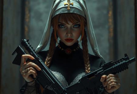(ultra realistic 8k cg, raw photo:1.0), (photorealistic:0.5), (best (full-body portrait +.1.6)))) quality:1.3), (masterpiece:1.3), ((((ultra-realistic details, extremely details, sharp focus, high res, (((far shot, wide shot, vanishing point))), 1girl, (disgust:1.2, shaded face, glare, sadist, shadow fullbody portraitover eyes, glaring, looking down at the viewer:1.3), (conservative), ((wear sexy nu mini skirt)), (black dog collar with spikes), (black fishnet strap stockings, black  shirt, (white decoration white lingerie sexy lace, red lips, (black luxury high heels makeup, picture-perfect detail face, highly detailed eyes, (blue eyes), ((looking at the viewer)), ginger hair, long twin braids, nun headwear with the cross of Jesus emblem, sexy n7n 8s armed with a katana sword and uzi submachine gun, both with ca5holics insignia emblems in golden color