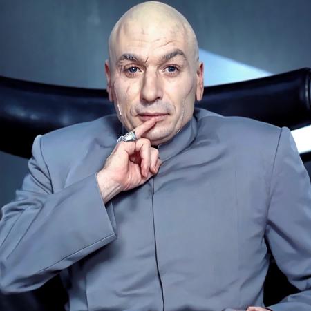 (( a man sitting in a chair, finger on lips))<lora:DrEvilLoRA:1> drevil bald with scar on his right cheek, grey coat, (((meme))), high detail skin, high detail eyes, high detail hair, highres, ultra detailed, detailed pores, imperfect skin, detailed reflective shiny skin, diffused skin pores,sharpen picture, Highly detailed, masterpiece, best quality, photorealistic,