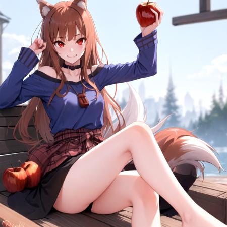 Holosw, 1girl, animal ears, wolf ears, tail, long hair, wolf tail, wolf girl, red eyes, brown hair, solo, best quality, perfect details, apple, eat apple, 
