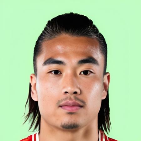 27 year old male footballer <lora:futganv2:0.95> portrait [Hsu Kao:Kai-Fa Ho:0.5] Taiwan nationality, Neck Tattoo, Heart face shape, Straight eyebrows, Aquiline nose shape, Cupid's Bow lip shape, with soccer kit, plain background, rim lighting, studio lighting, looking at the camera, dslr, ultra quality, sharp focus, tack sharp, dof, film grain, Fujifilm XT3, crystal clear, 8K UHD, high detailed skin, skin pores