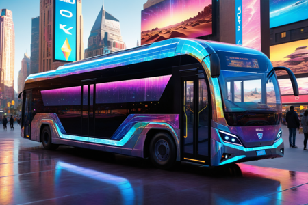 a futuristic bus with wide windows, elevated design with h4v_h0l0 effects, solo, glowing undercarriage, soft light, futuristic desert with sand dunes, holographic markers, detailed background, parked in a plaza, holographic fountains, city lights, environment focus, wide shot, a digital billboard, displaying ads, in the background, best quality, vibrant colors, realistic style, high detail, high-definition, hyper-realistic, extremely high-resolution details, fine texture, incredibly lifelike, realistic, not anime, not drawing, highres, 4K resolution, source photo, realistic photo, masterpiece, best quality, amazing quality, very aesthetic, ultra-detailed, detailed textures, shimmering light reflections, prismatic sheen colors, refracted light spectrum, holographic glow, vibrant and shimmering, medium shot, <lora:Holography:1>