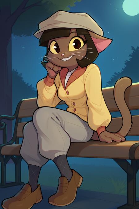 ivypep anthro cat, whiskers cabbie hat, white shirt, yellow cardigan, grey pants, plaid socks, brown shoes yellow dress, jewelery, hair feather