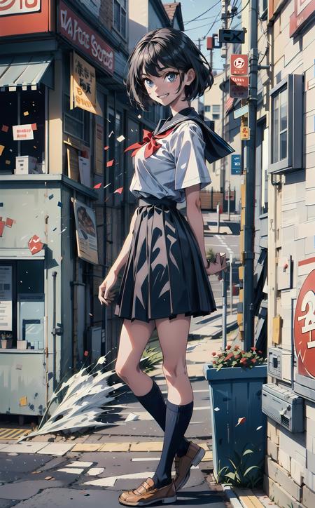 (best quality, masterpiece), 1girl, looking at viewer, blurry background, contemporary, dress, (line art:1), short hair, school uniform, fleckes, sunshine, on the sidewalk, <lora:add_detail:1>, <lora:眼睛双:0.5>, (cloudy sky:0.5), blue eyes, black hair, small breast, big smile, teen, light particles,