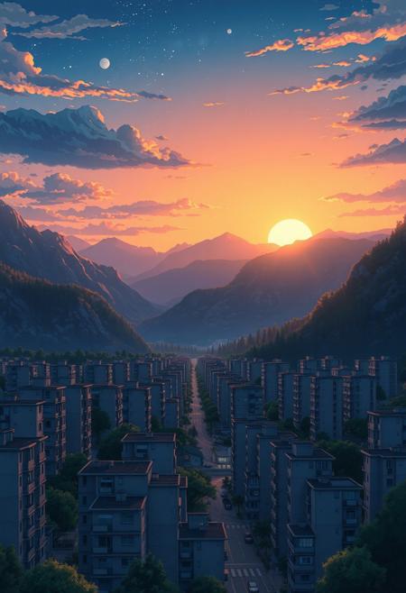 picturesque nature, night landscape of a city built on mountainous terrain, rows of identical gray apartment buildings, contrast between dull buildings and breathtaking nature, 2D cartoon in retro anime style, old anime, sunrise