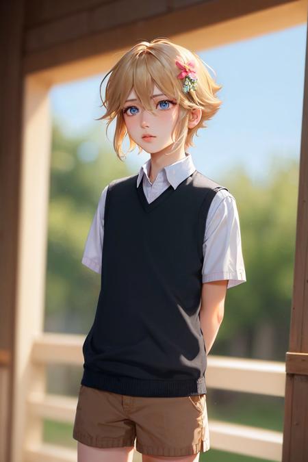 omoribasil blonde hair, head flower, white shirt, short sleeves, sweater vest, brown shorts green hair, head wreath, overalls